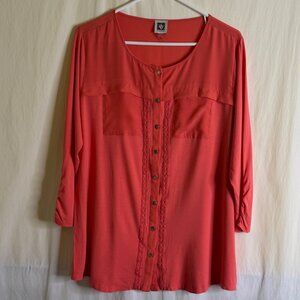 Anne Klein Women's Coral Button Up 3/4 Sleeve Blouse Embroidered Accents SZ XL